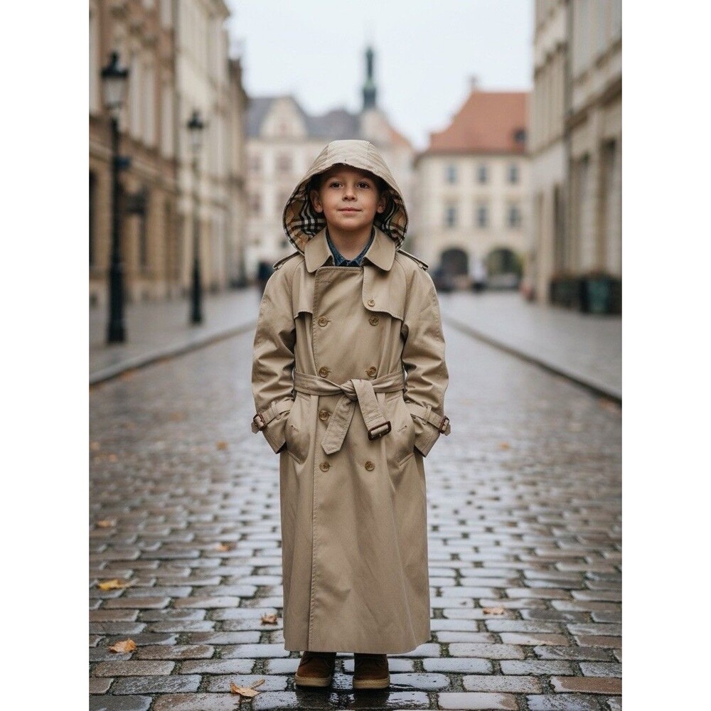 Burberry Children's Trench Coat Size 9-10 Years Old Beige Removable Hoodie VTG